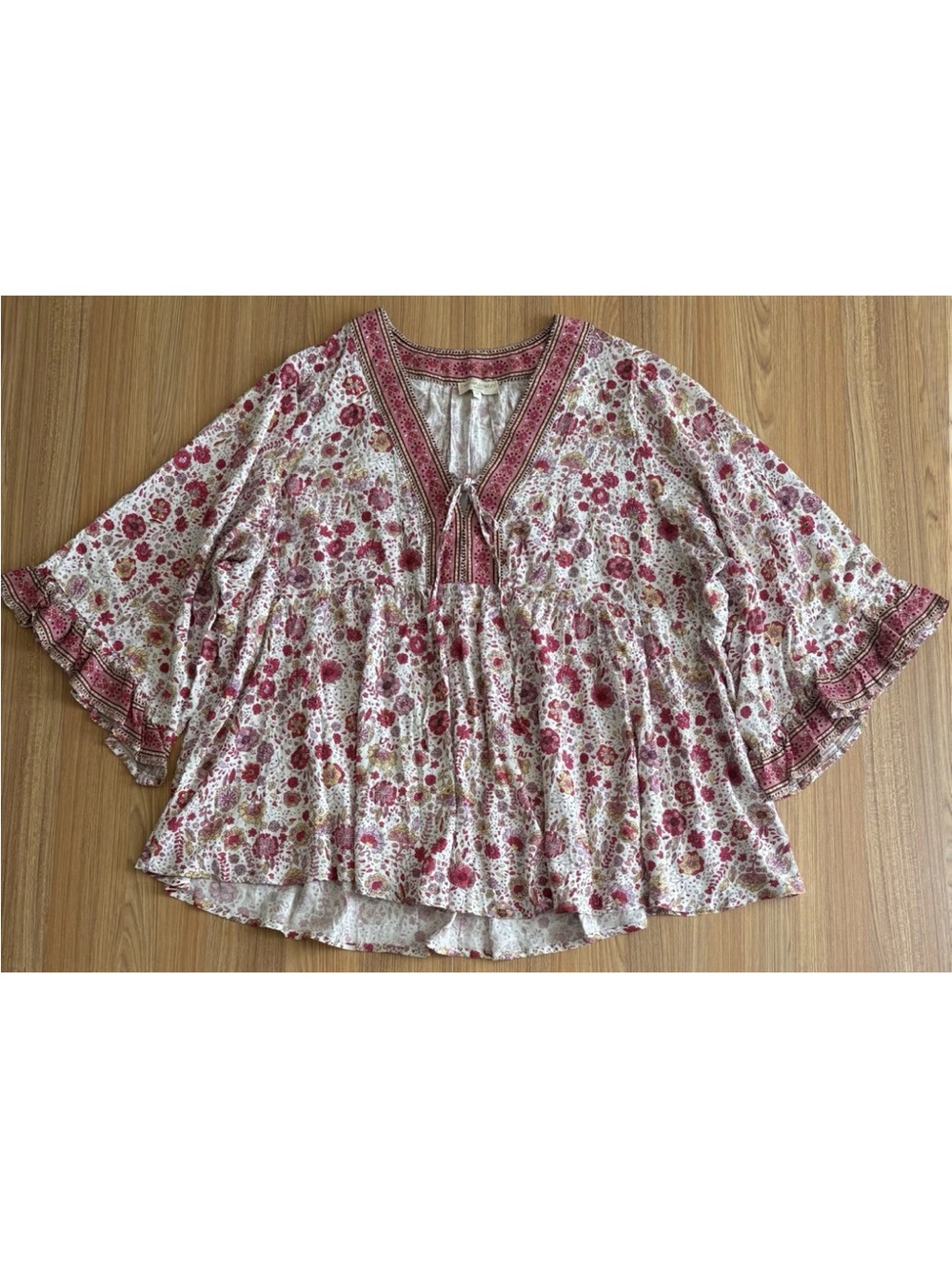 Cynthia Rowley Floral Boho Ruffle Flare Sleeve Top Wmns 3X Pink V Neck Babydoll